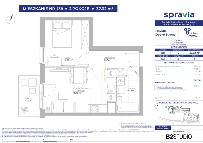 2 pokoje, mieszkanie 37,32 m², piętro 6, oferta nr 122/138, Dobre Strony, Kraków, Dębniki, Borek Fałęcki, ul. Obozowa