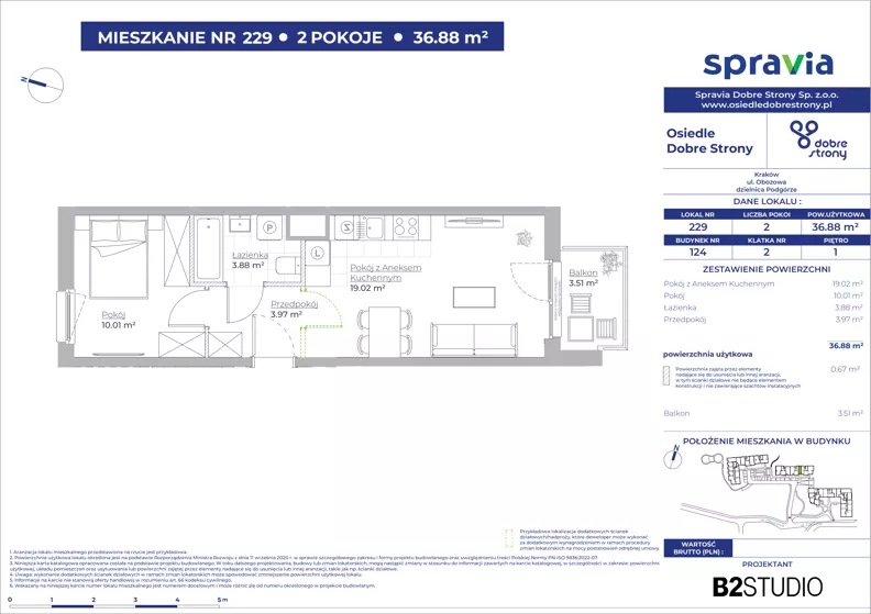 2 pokoje, mieszkanie 36,88 m², piętro 1, oferta nr 124/229, Dobre Strony, Kraków, Dębniki, Borek Fałęcki, ul. Obozowa