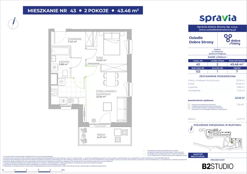 2 pokoje, mieszkanie 43,46 m², piętro 7, oferta nr 122/43, Dobre Strony, Kraków, Dębniki, Borek Fałęcki, ul. Obozowa