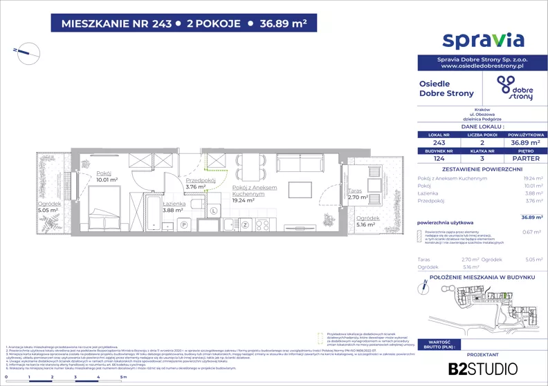 2 pokoje, mieszkanie 36,89 m², parter, oferta nr 124/243, Dobre Strony, Kraków, Dębniki, Borek Fałęcki, ul. Obozowa