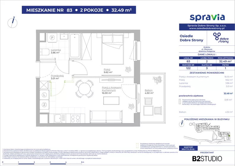 2 pokoje, mieszkanie 32,49 m², piętro 1, oferta nr 122/83, Dobre Strony, Kraków, Dębniki, Borek Fałęcki, ul. Obozowa