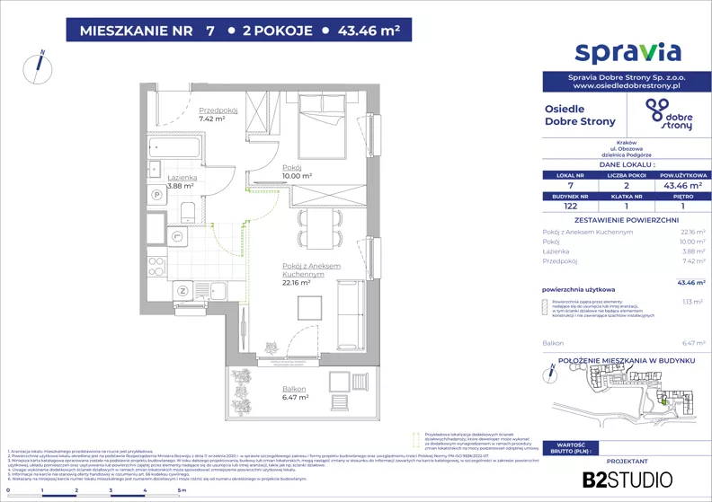 2 pokoje, mieszkanie 43,46 m², piętro 1, oferta nr 122/7, Dobre Strony, Kraków, Dębniki, Borek Fałęcki, ul. Obozowa