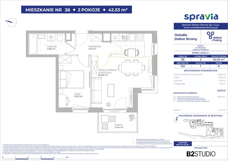 2 pokoje, mieszkanie 42,53 m², piętro 6, oferta nr 122/38, Dobre Strony, Kraków, Dębniki, Borek Fałęcki, ul. Obozowa
