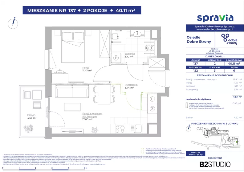 2 pokoje, mieszkanie 40,11 m², piętro 6, oferta nr 122/137, Dobre Strony, Kraków, Dębniki, Borek Fałęcki, ul. Obozowa
