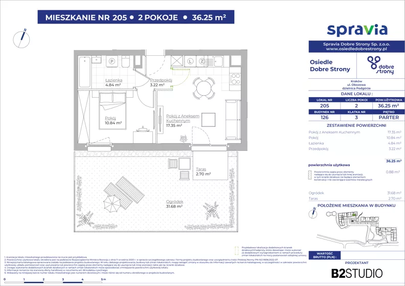 2 pokoje, mieszkanie 36,25 m², parter, oferta nr 126/205, Dobre Strony, Kraków, Dębniki, Borek Fałęcki, ul. Obozowa