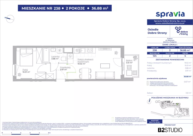 2 pokoje, mieszkanie 36,88 m², piętro 4, oferta nr 124/238, Dobre Strony, Kraków, Dębniki, Borek Fałęcki, ul. Obozowa