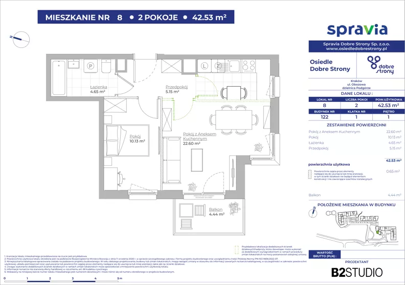 2 pokoje, mieszkanie 42,53 m², piętro 1, oferta nr 122/8, Dobre Strony, Kraków, Dębniki, Borek Fałęcki, ul. Obozowa