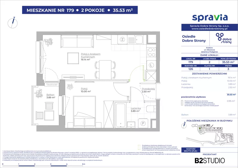 2 pokoje, mieszkanie 35,53 m², piętro 3, oferta nr 126/179, Dobre Strony, Kraków, Dębniki, Borek Fałęcki, ul. Obozowa