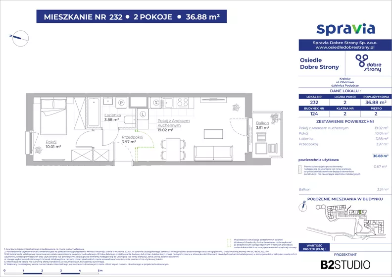 2 pokoje, mieszkanie 36,88 m², piętro 2, oferta nr 124/232, Dobre Strony, Kraków, Dębniki, Borek Fałęcki, ul. Obozowa