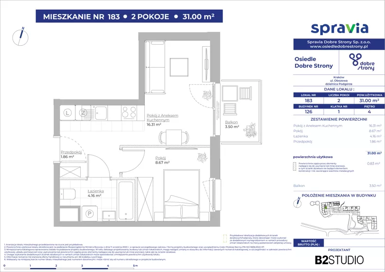 2 pokoje, mieszkanie 31,00 m², piętro 4, oferta nr 126/183, Dobre Strony, Kraków, Dębniki, Borek Fałęcki, ul. Obozowa