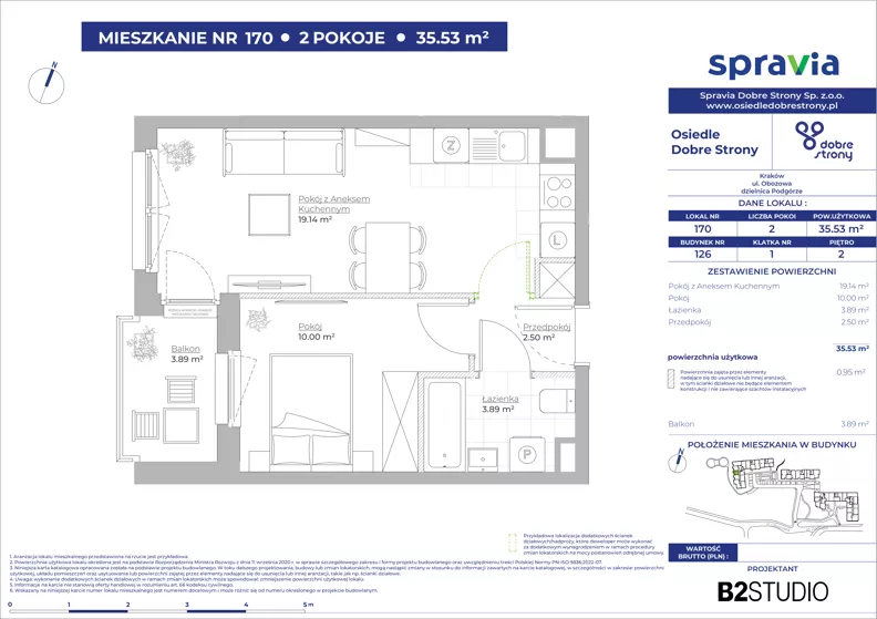 2 pokoje, mieszkanie 35,53 m², piętro 2, oferta nr 126/170, Dobre Strony, Kraków, Dębniki, Borek Fałęcki, ul. Obozowa