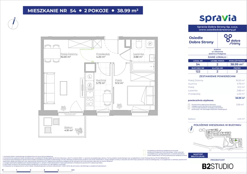 2 pokoje, mieszkanie 38,99 m², piętro 2, oferta nr 122/54, Dobre Strony, Kraków, Dębniki, Borek Fałęcki, ul. Obozowa