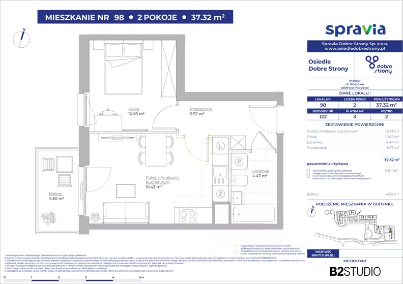 2 pokoje, mieszkanie 37,32 m², piętro 2, oferta nr 122/98, Dobre Strony, Kraków, Dębniki, Borek Fałęcki, ul. Obozowa