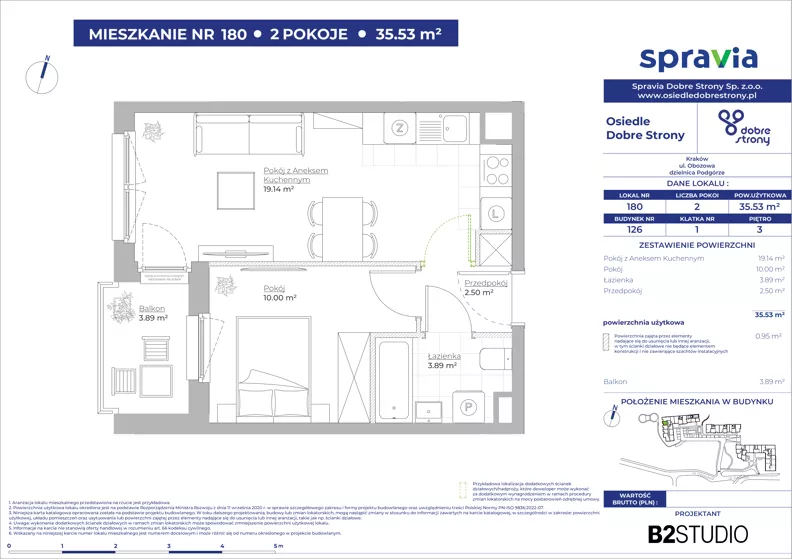 2 pokoje, mieszkanie 35,53 m², piętro 3, oferta nr 126/180, Dobre Strony, Kraków, Dębniki, Borek Fałęcki, ul. Obozowa