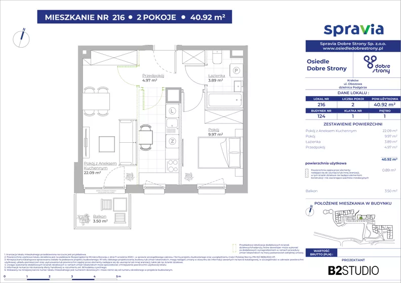 2 pokoje, mieszkanie 40,92 m², piętro 1, oferta nr 124/216, Dobre Strony, Kraków, Dębniki, Borek Fałęcki, ul. Obozowa