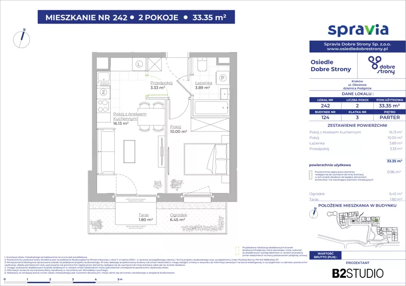 2 pokoje, mieszkanie 33,35 m², parter, oferta nr 124/242, Dobre Strony, Kraków, Dębniki, Borek Fałęcki, ul. Obozowa
