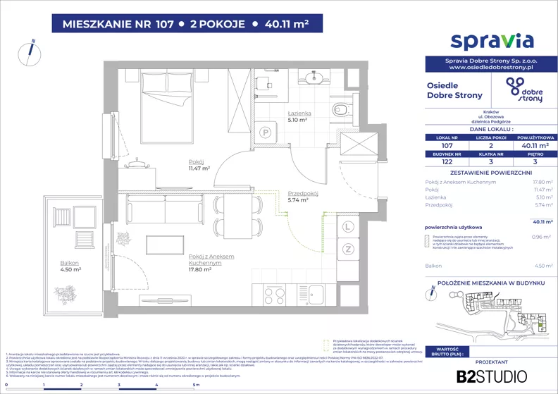 2 pokoje, mieszkanie 40,11 m², piętro 3, oferta nr 122/107, Dobre Strony, Kraków, Dębniki, Borek Fałęcki, ul. Obozowa