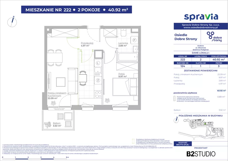 2 pokoje, mieszkanie 40,92 m², piętro 3, oferta nr 124/222, Dobre Strony, Kraków, Dębniki, Borek Fałęcki, ul. Obozowa