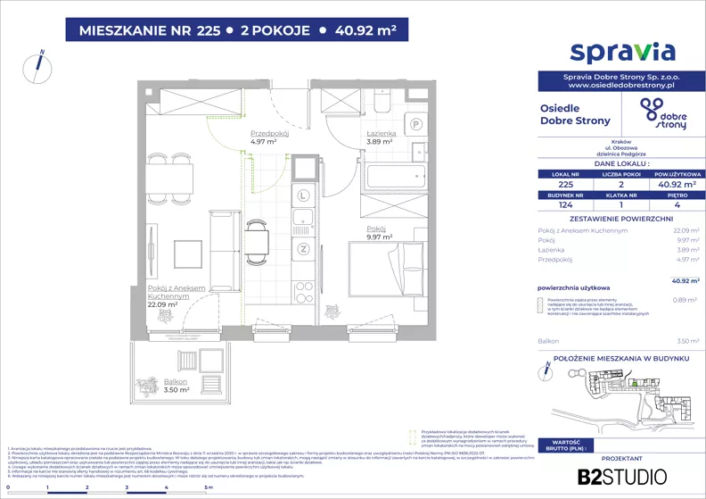 2 pokoje, mieszkanie 40,92 m², piętro 4, oferta nr 124/225, Dobre Strony, Kraków, Dębniki, Borek Fałęcki, ul. Obozowa