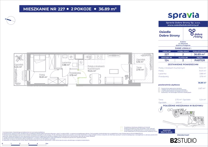 2 pokoje, mieszkanie 36,89 m², parter, oferta nr 124/227, Dobre Strony, Kraków, Dębniki, Borek Fałęcki, ul. Obozowa