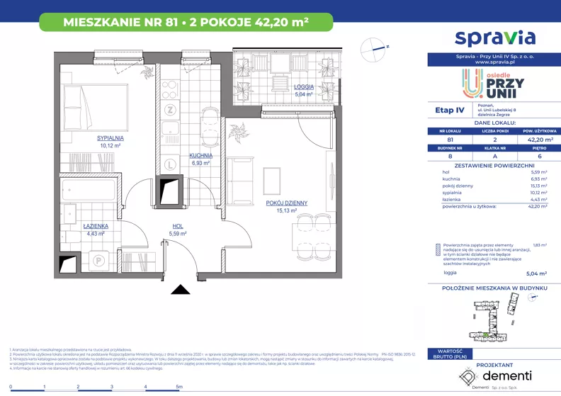 2 pokoje, mieszkanie 42,20 m², piętro 6, oferta nr 1/81, Przy Unii IV, Poznań, Żegrze, ul. Wagrowska