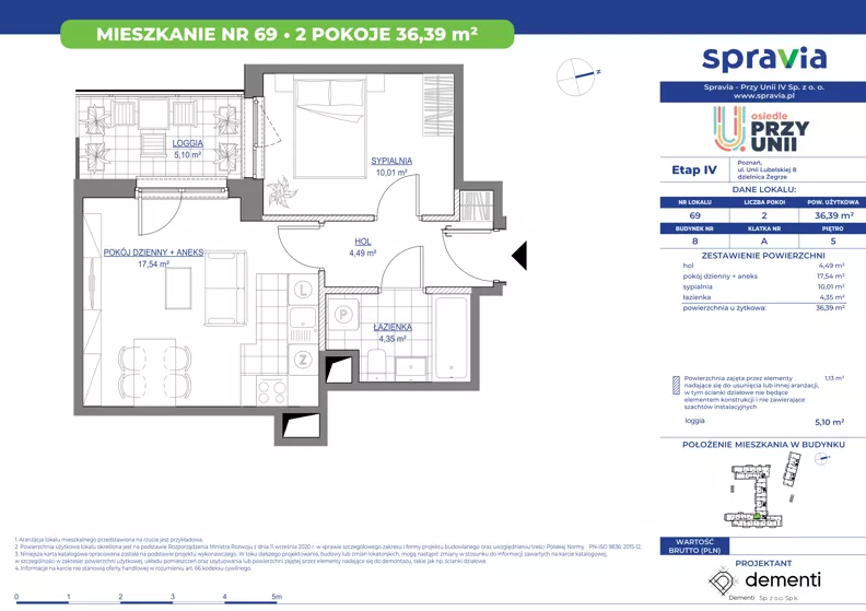 2 pokoje, mieszkanie 36,39 m², piętro 5, oferta nr 1/69, Przy Unii IV, Poznań, Żegrze, ul. Wagrowska