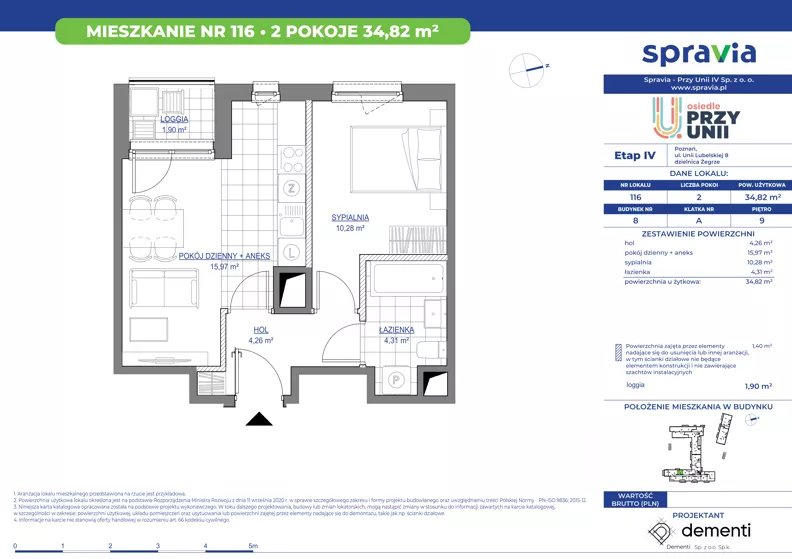 2 pokoje, mieszkanie 34,82 m², piętro 9, oferta nr 1/116, Przy Unii IV, Poznań, Żegrze, ul. Wagrowska