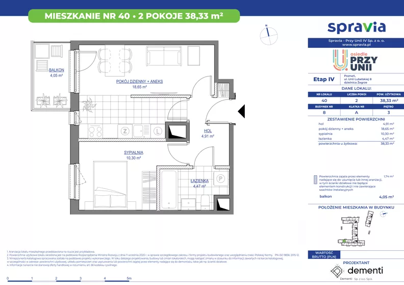 2 pokoje, mieszkanie 38,33 m², piętro 3, oferta nr 1/40, Przy Unii IV, Poznań, Żegrze, ul. Wagrowska