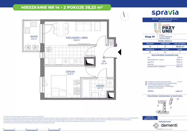 2 pokoje, mieszkanie 38,33 m², piętro 1, oferta nr 1/14, Przy Unii IV, Poznań, Żegrze, ul. Wagrowska