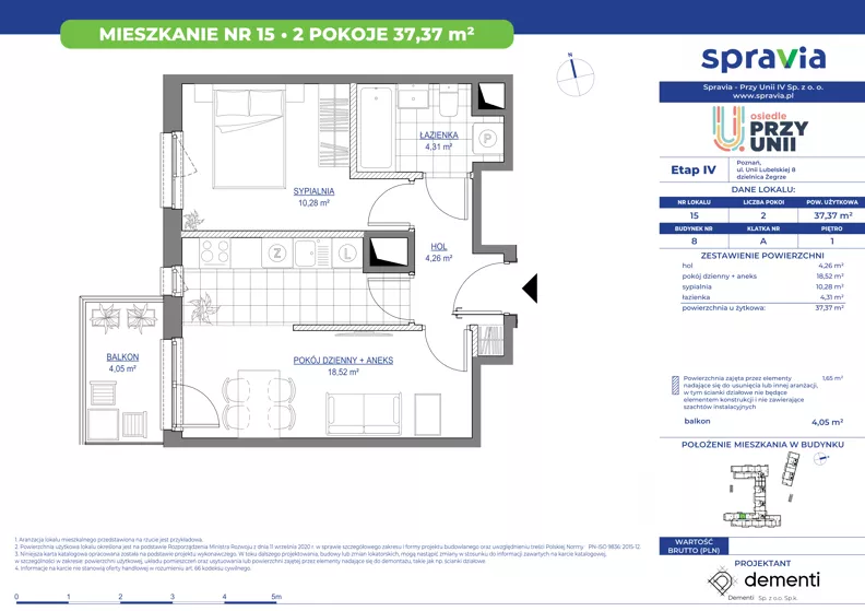 2 pokoje, mieszkanie 37,37 m², piętro 1, oferta nr 1/15, Przy Unii IV, Poznań, Żegrze, ul. Wagrowska