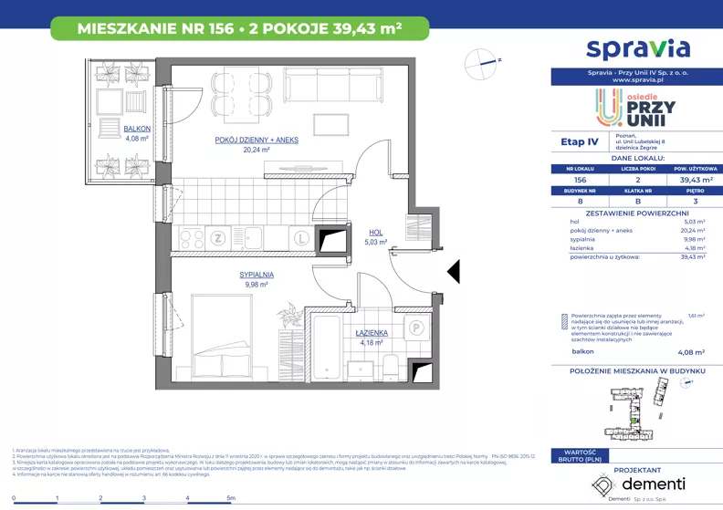 2 pokoje, mieszkanie 39,43 m², piętro 3, oferta nr 1/156, Przy Unii IV, Poznań, Żegrze, ul. Wagrowska
