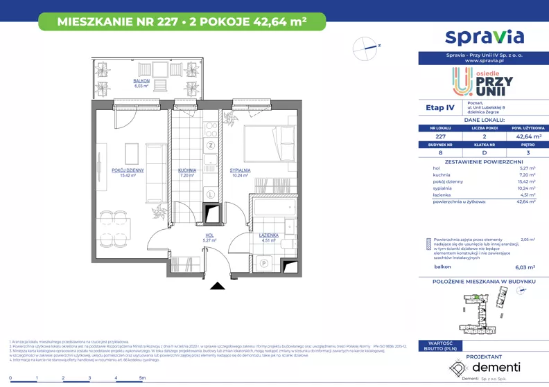 2 pokoje, mieszkanie 42,64 m², piętro 3, oferta nr 1/227, Przy Unii IV, Poznań, Żegrze, ul. Wagrowska