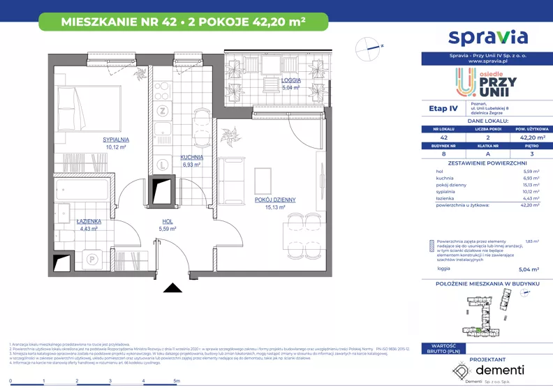 2 pokoje, mieszkanie 42,20 m², piętro 3, oferta nr 1/42, Przy Unii IV, Poznań, Żegrze, ul. Wagrowska
