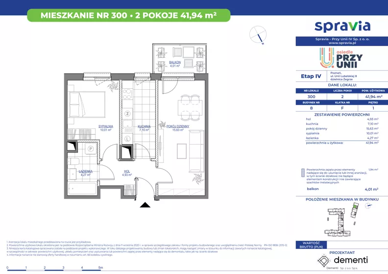 2 pokoje, mieszkanie 41,94 m², piętro 1, oferta nr 1/300, Przy Unii IV, Poznań, Żegrze, ul. Wagrowska