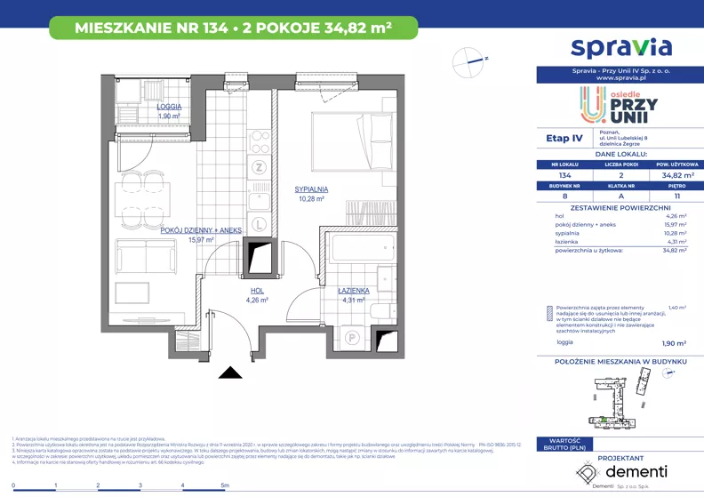 2 pokoje, mieszkanie 34,82 m², piętro 11, oferta nr 1/134, Przy Unii IV, Poznań, Żegrze, ul. Wagrowska