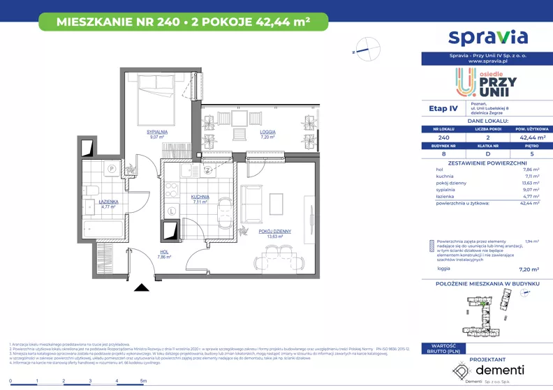 2 pokoje, mieszkanie 42,44 m², piętro 5, oferta nr 1/240, Przy Unii IV, Poznań, Żegrze, ul. Wagrowska