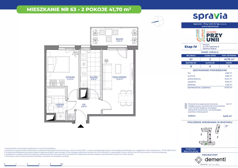 2 pokoje, mieszkanie 41,70 m², piętro 5, oferta nr 1/63, Przy Unii IV, Poznań, Żegrze, ul. Wagrowska