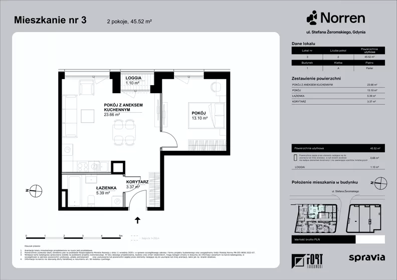 2 pokoje, mieszkanie 45,52 m², parter, oferta nr 0/3, Norren, Gdynia, Śródmieście, Śródmieście, ul. Żeromskiego 14
