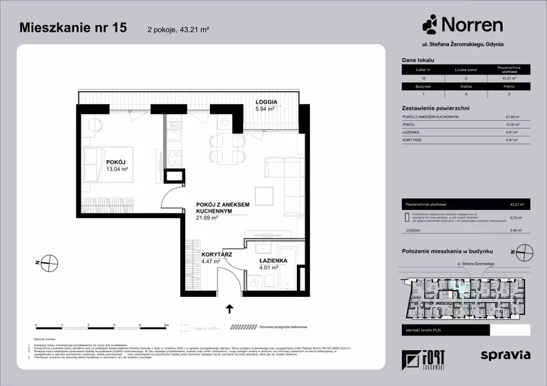 2 pokoje, mieszkanie 43,21 m², piętro 2, oferta nr 0/15, Norren, Gdynia, Śródmieście, Śródmieście, ul. Żeromskiego 14