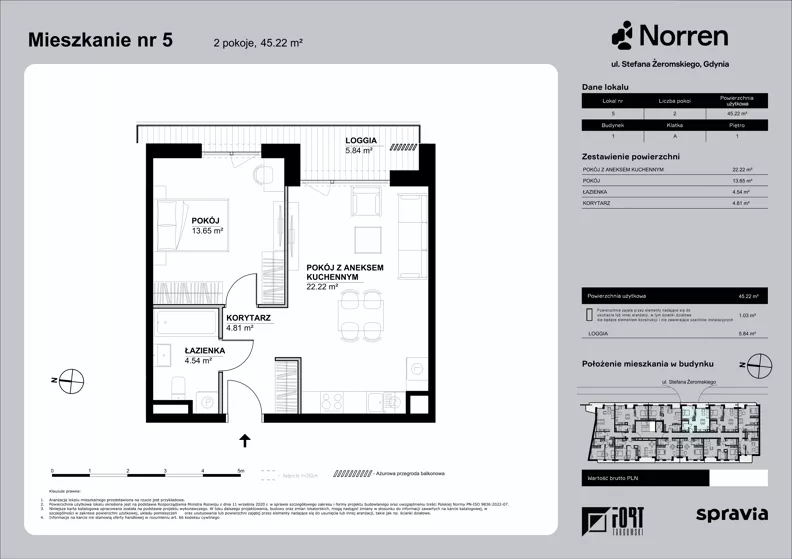2 pokoje, mieszkanie 45,22 m², piętro 1, oferta nr 0/5, Norren, Gdynia, Śródmieście, Śródmieście, ul. Żeromskiego 14