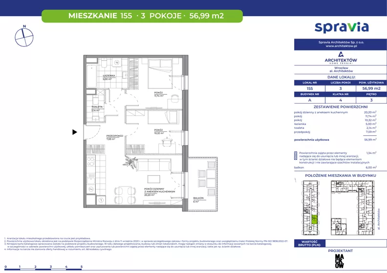 3 pokoje, mieszkanie 56,99 m², piętro 3, oferta nr A/155, Architektów, Wrocław, Al. Architektów 22-30