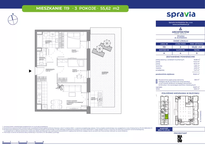 3 pokoje, mieszkanie 55,62 m², parter, oferta nr A/119, Architektów, Wrocław, Al. Architektów 22-30