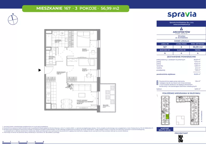 3 pokoje, mieszkanie 56,99 m², piętro 4, oferta nr A/167, Architektów, Wrocław, Al. Architektów 22-30
