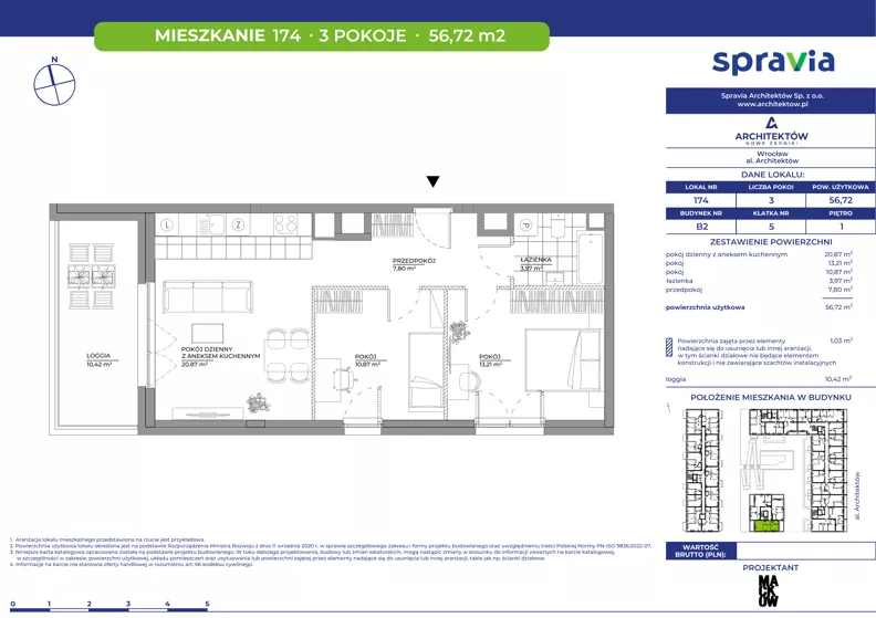 3 pokoje, mieszkanie 56,72 m², piętro 1, oferta nr B2/174, Architektów, Wrocław, Al. Architektów 22-30
