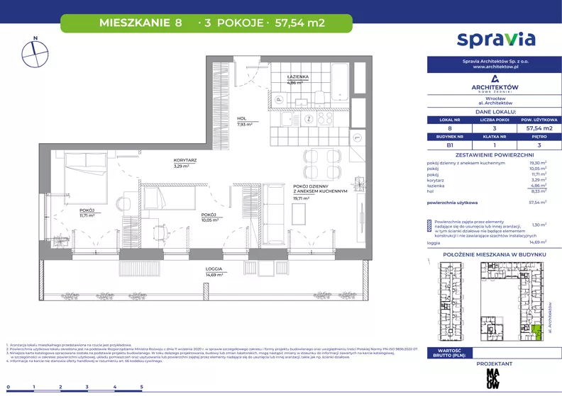 3 pokoje, mieszkanie 57,54 m², piętro 3, oferta nr B1/8, Architektów, Wrocław, Al. Architektów 22-30