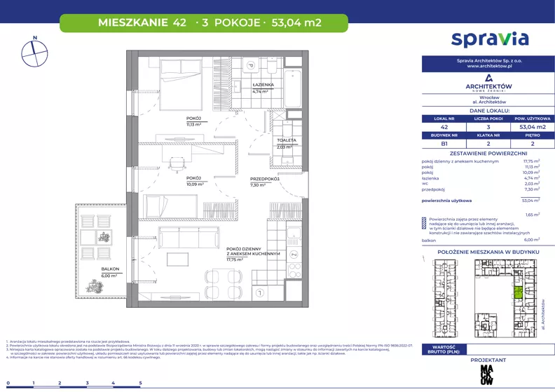 3 pokoje, mieszkanie 53,04 m², piętro 2, oferta nr B1/42, Architektów, Wrocław, Al. Architektów 22-30