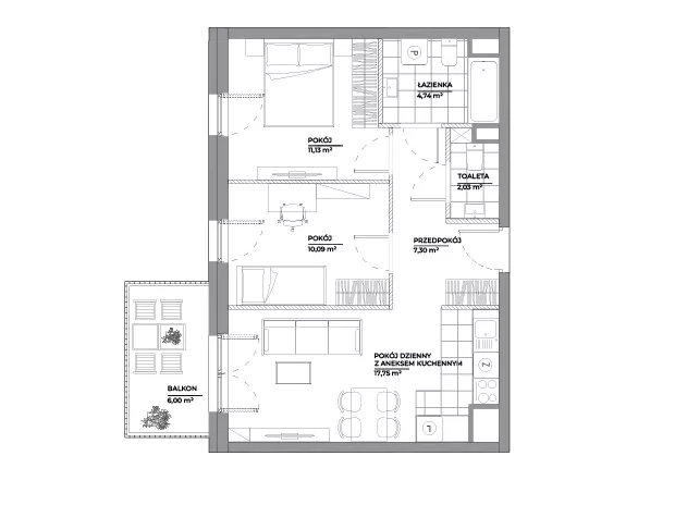 3 pokoje, mieszkanie 53,04 m², piętro 2, oferta nr B1/42, Architektów, Wrocław, Al. Architektów 22-30