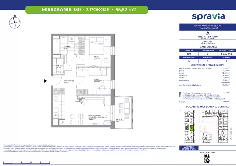 3 pokoje, mieszkanie 55,52 m², piętro 1, oferta nr A/130, Architektów, Wrocław, Al. Architektów 22-30