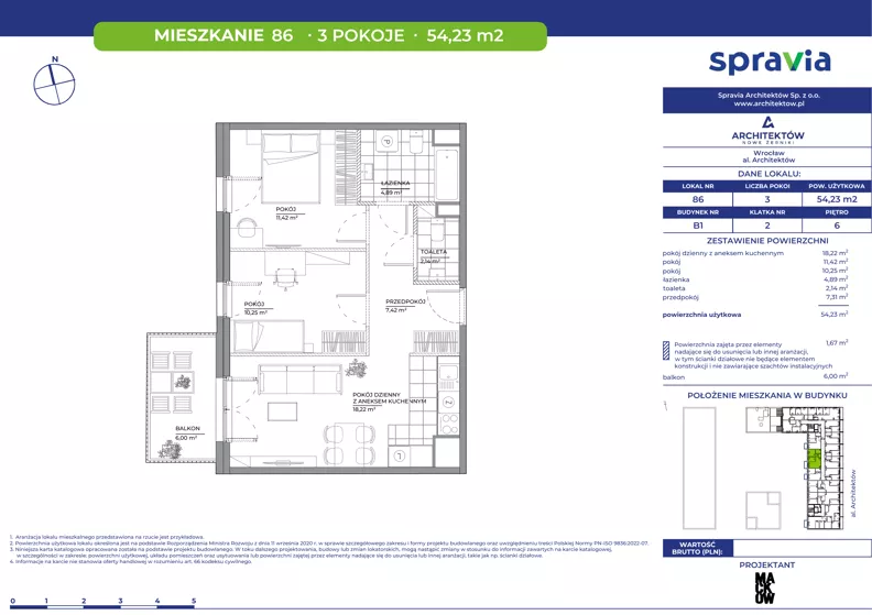 3 pokoje, mieszkanie 54,23 m², piętro 6, oferta nr B1/86, Architektów, Wrocław, Al. Architektów 22-30