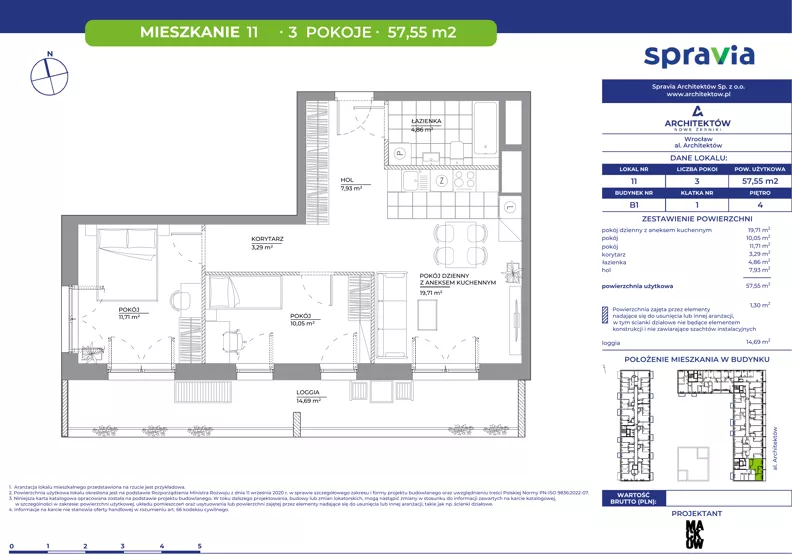 3 pokoje, mieszkanie 57,55 m², piętro 4, oferta nr B1/11, Architektów, Wrocław, Al. Architektów 22-30